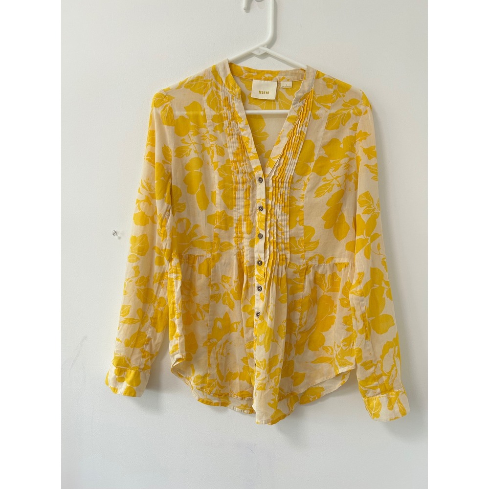 Maeve Floral Pintuck Peplum Blouse Women 6 Yellow Cottagecore Long Sleeve Top